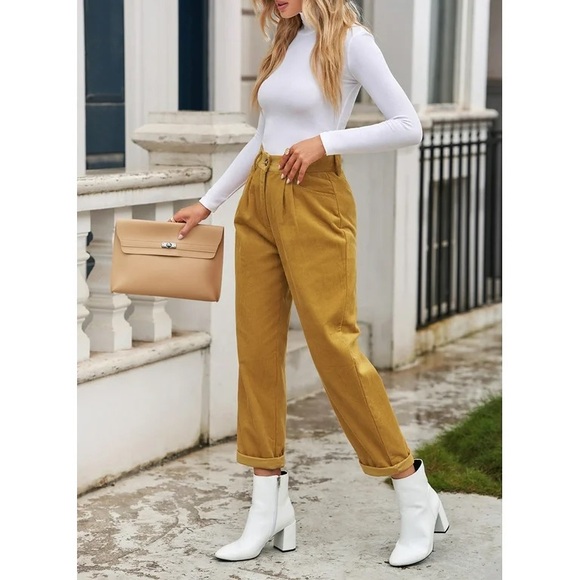 Khaki High Waisted Straight Leg Pants Casual Corduroy Pants Vintage Trousers - Picture 7 of 10